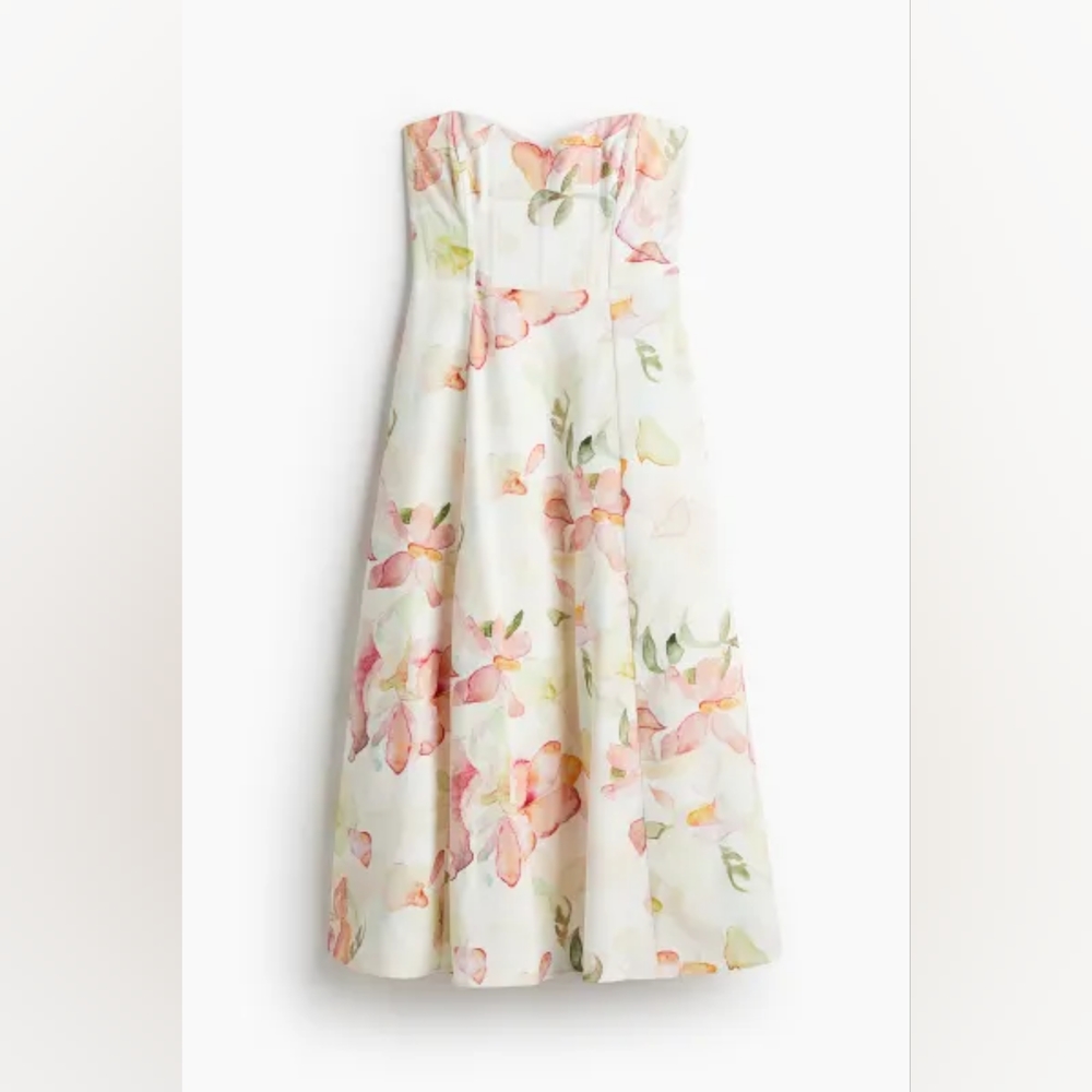 H&M Linen-Blend bandeau/strapless floral midi dress multicolored